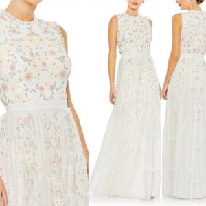 DuggalBlue Embroidered High Neck Sleeveless Ruffled Gown Size 16